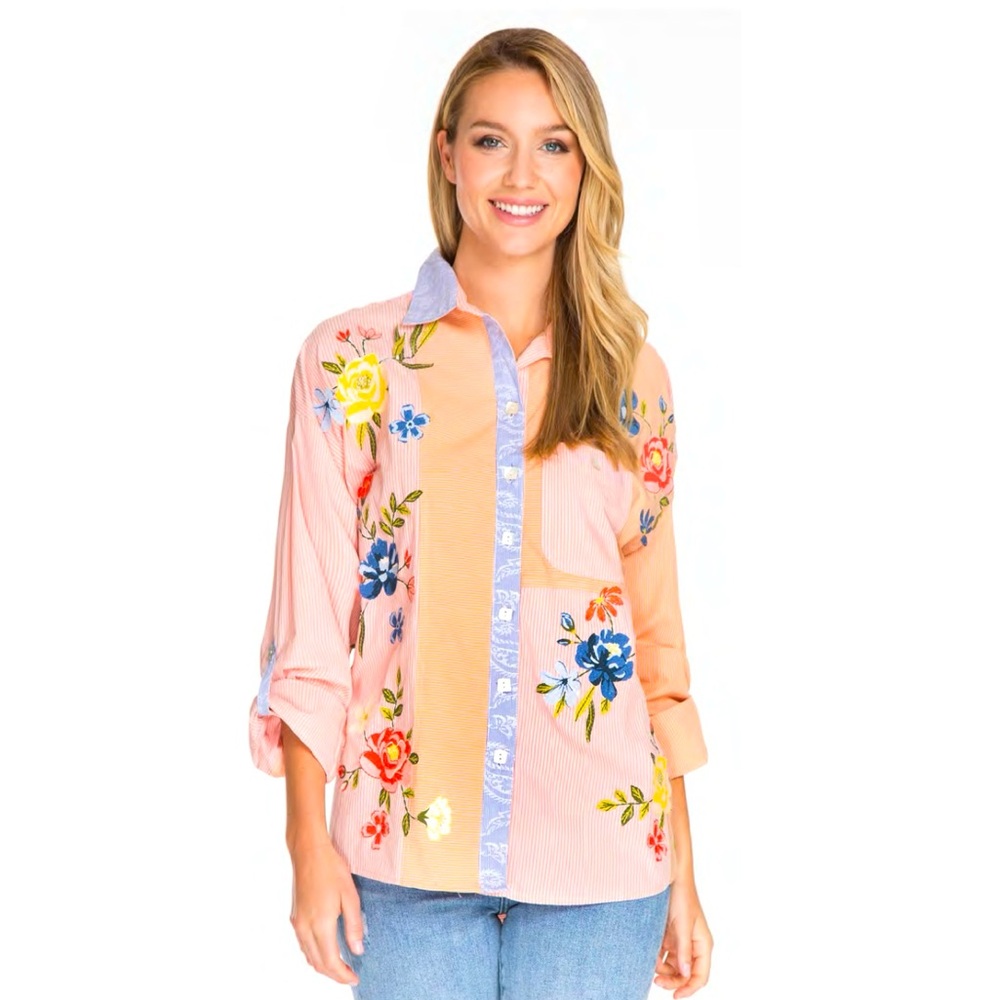 John Mark Woven Paisley Print Embroidered Long Sleeve Button Front Blouse
